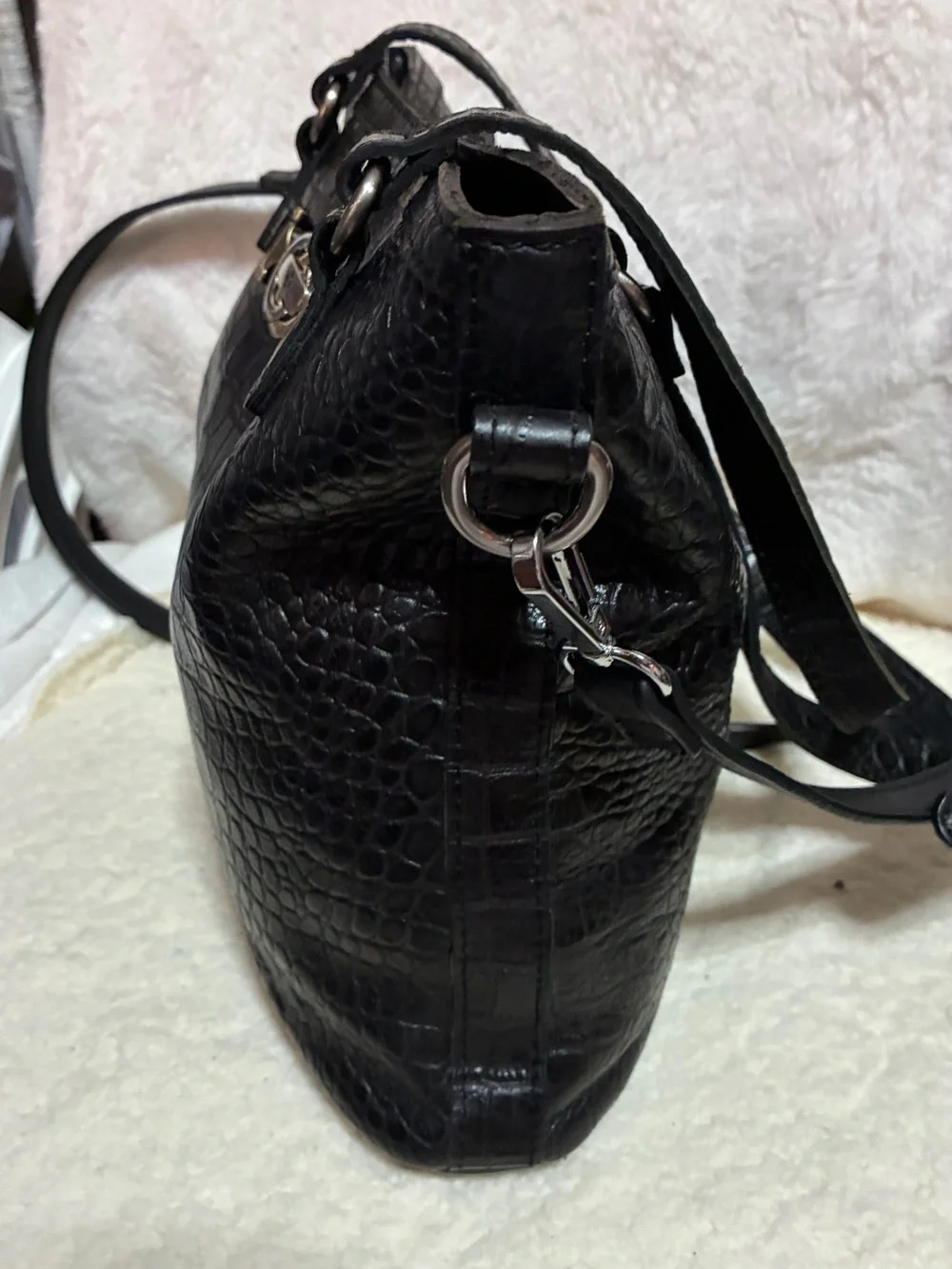 Patricia Nash Black Croc-Embossed Shoulder Bag with Gold Hardware